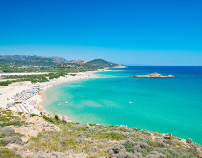 Panorama of the wonderful beaches of Chia, Sardinia, Italy.