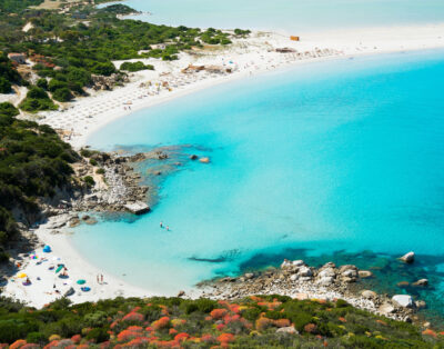 Aerial view of Villasimius  and Porto Giunco beach, Sardinia, Italy